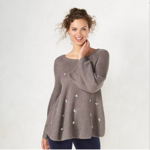 LC Lauren Conrad Sweaters - LC LAUREN CONRAD Sweater Swing Embellished Boxy Scoop Neck Gray Small